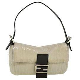 Fendi-FENDI Mamma Baguette Shoulder Bag Beads Leather White Auth 57833-White