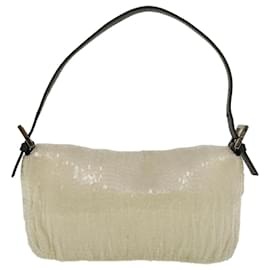 Fendi-FENDI Mamma Baguette Shoulder Bag Beads Leather White Auth 57833-White