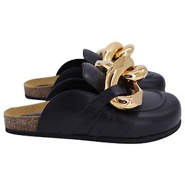 JW Anderson J.W. Anderson Chain Link Flat Mules in Black Leather  Black