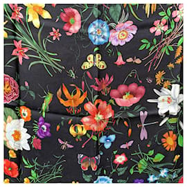 Gucci-Vintage Black Background Flora Silk Scarf Floral Pattern-Black