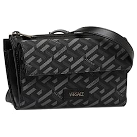 Versace-Versace Black La Greca Convertible Crossbody Bag-Black