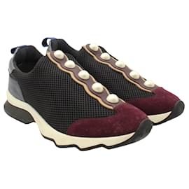 Fendi-Black & Burgundy Mesh Pearl Slip-On Sneakers-Black