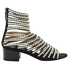 Chanel-Schwarze Gladiator-Sandalen mit Kunstperlenverzierung-Schwarz