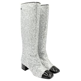 Chanel-Silver & Black Glitter Knee High Boots Runway 2017-Silvery,Metallic