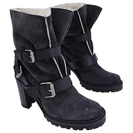 Christian Louboutin-Christian Louboutin Buckle Strap Shearling-Lined Boots in Black Suede-Grey