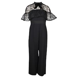 Self portrait-Elegant Black Jumpsuit With Mesh Sleeves and Velvet Bow -Black