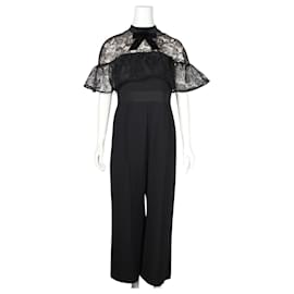 Self portrait-Elegant Black Jumpsuit With Mesh Sleeves and Velvet Bow -Black