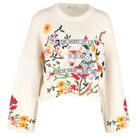 Kurzer Pullover mit Blumenstickerei von JW Anderson aus cremefarbener Wolle Weiß Roh