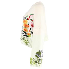 JW Anderson-JW Anderson Floral-Embroidered Cropped Jumper in Cream Wool-White,Cream