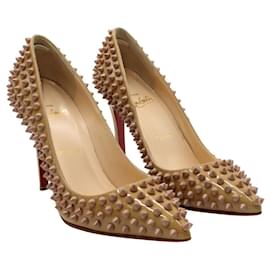 Christian Louboutin-Beige Pigalle 100 Spikes Patent Leather-Flesh