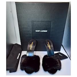 Saint Laurent-mules with heels 16 in animal free fur and smooth leather-Black