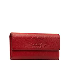 Chanel-Chanel CC Caviar Flap Wallet Leather Long Wallet in Good condition-Red