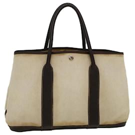 Hermès-HERMES Garden Party PM Hand Bag Canvas Leather Brown White Auth bs8814-Brown,White