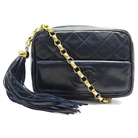 Chanel-VINTAGE SAC A MAIN CHANEL CAMERA LOGO CC CUIR MATELASSE BLEU LEATHER BAG-Bleu Marine