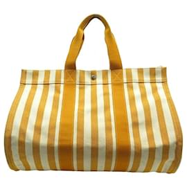 Hermès-BOLSA HERMES CANNES GM BOLSA DE MÃO DE LONA LISTRADA DE ALGODÃO LARANJA E BRANCO-Outro