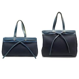 Hermès-SAC A MAIN HERMES CABAS HERBAG 40 TOILE & CUIR BLEU 2 TOILES TOTE HAND BAG-Bleu Marine