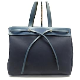 Hermès-SAC A MAIN HERMES CABAS HERBAG 40 TOILE & CUIR BLEU 2 TOILES TOTE HAND BAG-Bleu Marine