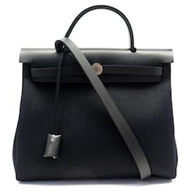 Hermès-NEW HERMES HERBAG ZIP HANDBAG 31 RETURN CANVAS LEATHER FULL SET BLACK HAND BAG-Black