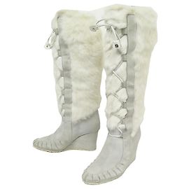 Céline CELINE LACE-UP & RABBIT FUR BOOTS 39.5 SUEDE GRAY GRAY SUEDE SHOE BOOTS Grey