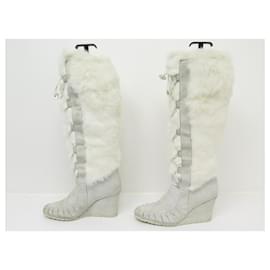 Céline-CELINE LACE-UP & RABBIT FUR BOOTS 39.5 SUEDE GRAY GRAY SUEDE SHOE BOOTS-Grey