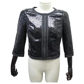 Chanel-CHANEL SHORT ZIPPED JACKET WITH SEQUINS P45044V26650 M 40 BLACK SHORT JACKET-Black