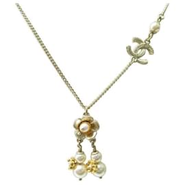 Chanel-NEW CHANEL CC LOGO PEARLS & FLOWER NECKLACE 62 GOLD METAL GOLD NECKLACE-Golden