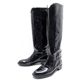 Chanel-CHANEL CAVALIERE G SHOES26069 CC LOGO BOOTS 40.5 PATENT LEATHER BOOTS-Black