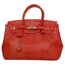 Kiton Red Snakeskin Leather Padlock Top Handles Grab bag Large Handbag Red