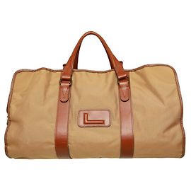 Lancel Beige Canvas Tan Leder Top-Griffe Wochenendtasche Großes Handreisegepäck Braun