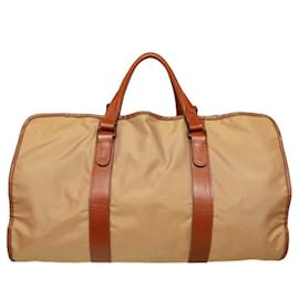Lancel-Lancel Beige Canvas Tan Leather Top Handles Weekend bag Large Hand Travel Luggage-Brown