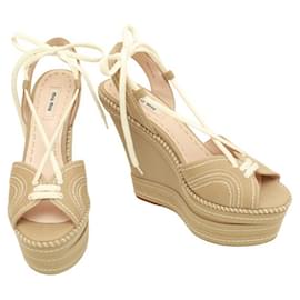 Miu Miu-Miu Miu Beige Canvas High Wedge Heel Platform Sandals Shoes size 39.5-Beige