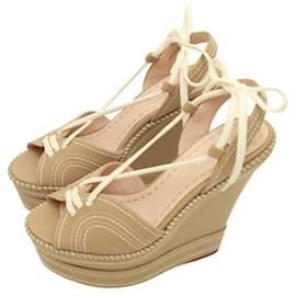 Miu Miu-Miu Miu Beige Canvas High Wedge Heel Platform Sandals Shoes size 39.5-Beige