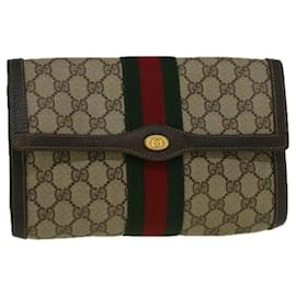Gucci-GUCCI GG Canvas Web Sherry Line Clutch Bag PVC Leather Beige Green Auth 58678-Red,Beige,Green