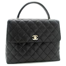 Chanel-CHANEL Bolso de mano de caviar Bolso con asa superior Kelly Black Flap Leather Gold-Negro