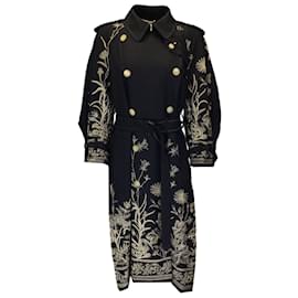 High-HIGH Black Embroidered lined Breasted Wool Trench Coat-Black
