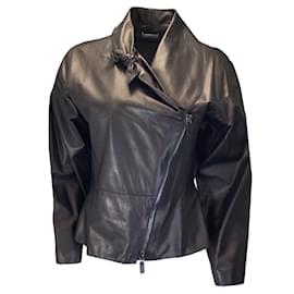 Giorgio Armani-Giorgio Armani Veste en cuir moto zippée noire avec nœud-Noir