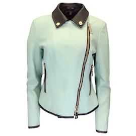 Autre Marque-Antonio Croce Mint Green / Black Moto Zip Lambskin Leather Jacket-Green