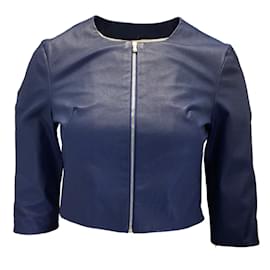 Autre Marque-Susan Bender Blue Cropped Collarless Full Zip Leather Jacket-Blue