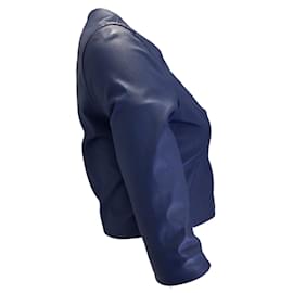 Autre Marque-Susan Bender Veste en cuir courte sans col bleue avec fermeture éclair complète-Bleu
