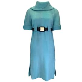 Chanel-Chanel Teal Short Sleeved Belted Wool Tweed Dress-Blue