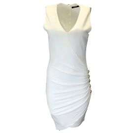 Branco Balmain / Vestido justo com detalhe de botão dourado sem mangas e decote em V Branco
