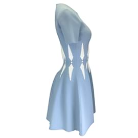 Autre Marque-Alexander McQueen Light Blue / White Short Sleeved Flared Intarsia Knit Dress-Blue