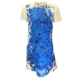 Autre Marque-Valentino Ivory / Blue 2020 Floral Printed Short Sleeved Wool and Silk Crepe Dress-Blue