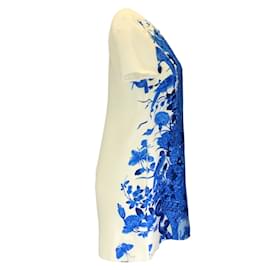Autre Marque-Valentino Elfenbein / Blau 2020 Kurzärmliges Kleid aus Krepp aus Wolle und Seide mit Blumenmuster-Blau