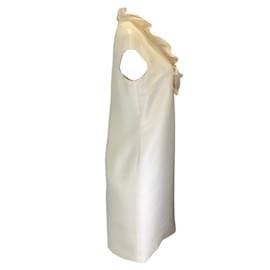 Autre Marque-Valentino Ivory Bow Detail Short Sleeved Shimmer Silk Dress-Cream