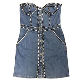 Autre Marque-Moschino Couture Bleu 2020 Mini-robe en jean sans bretelles ornée de cristaux-Bleu