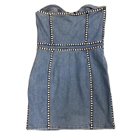 Autre Marque-Moschino Couture Bleu 2020 Mini-robe en jean sans bretelles ornée de cristaux-Bleu
