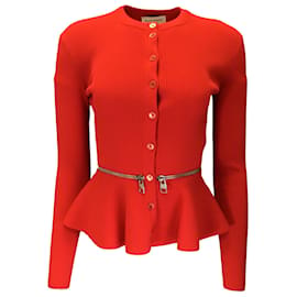 Autre Marque-Alexander McQueen red / Silver Zipper Detail Peplum Hem Cardigan Sweater-Red