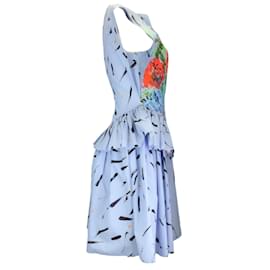 Autre Marque-Christopher Kane Blue Multi Floral Printed Peplum-Waist Cotton Mini Dress-Blue