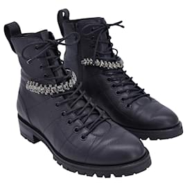 Jimmy Choo-Botas de combate Jimmy Choo Cruz con cristales en cuero negro-Negro